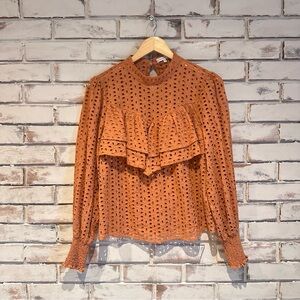 English Factory Larsa Cotton Eyelet Ruffle Blouse Long Sleeve